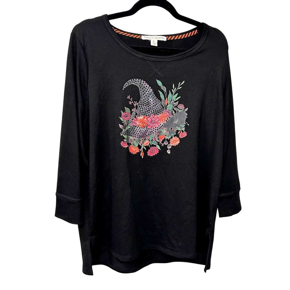 Magical Season Black Floral Witch Hat 3/4 Sleeve Shirt Soft Halloween Top XL